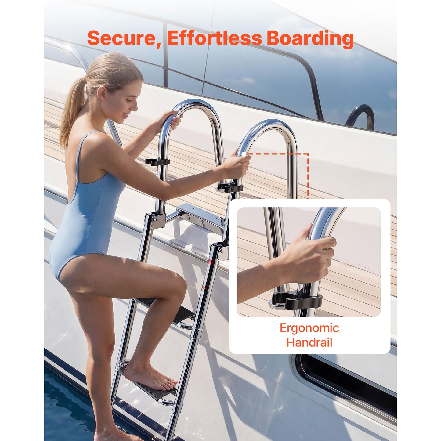 Stainless Steel Boat Ladder 4 Steps Telescoping Foldable Swim Deck Ladder with Handrails, Wide Anti-Slip Steps, 600lbs Capacity
