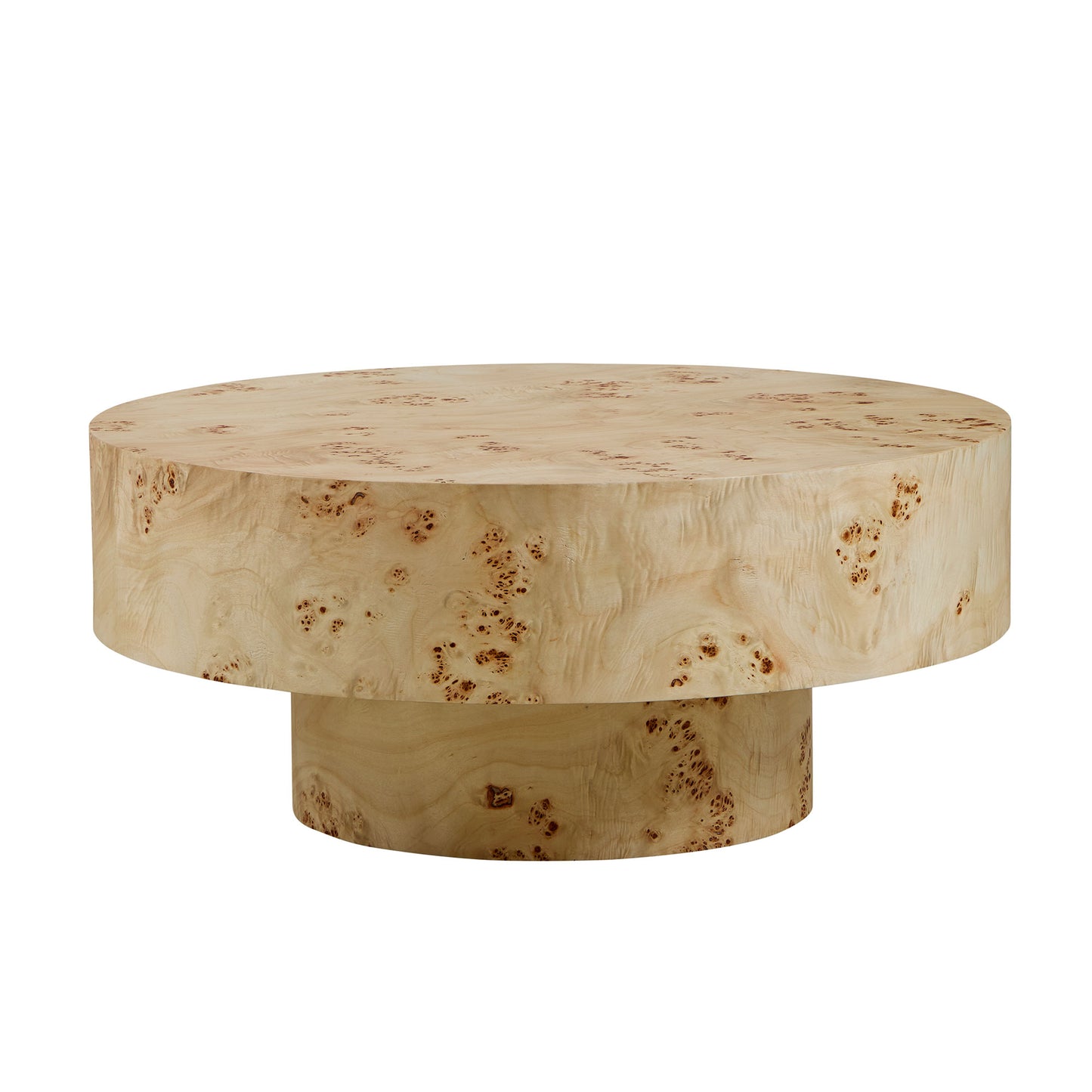 Mid Century Modern Round Wood Coffee Table with Burl Veneer - Natural