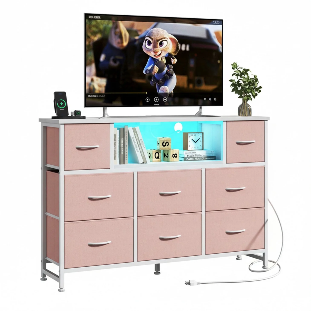 Storage Cabinet with 8 Fabric Drawers and Electrical Socket