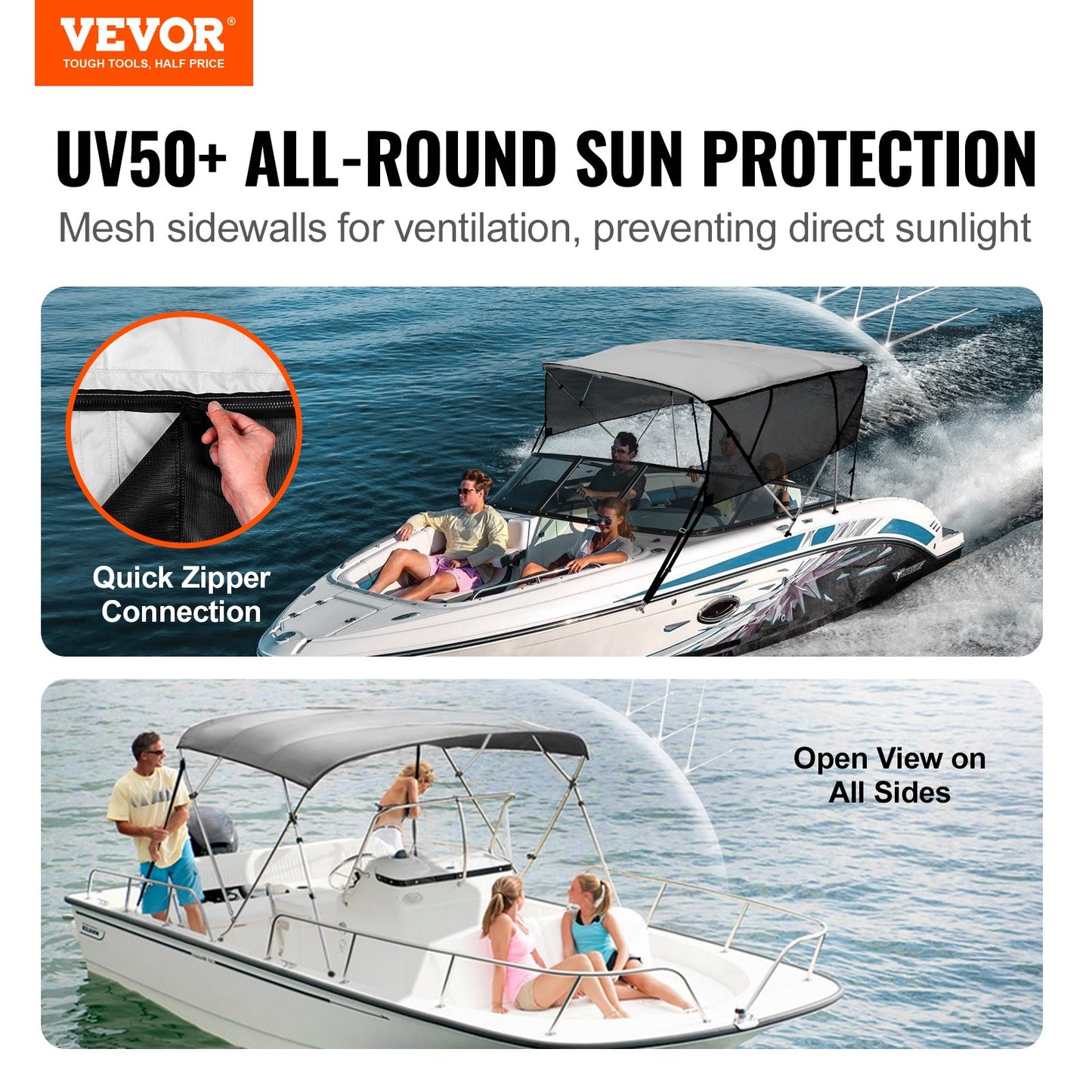 Bimini Top Boat Cover with Detachable Mesh Sidewalls - Grey