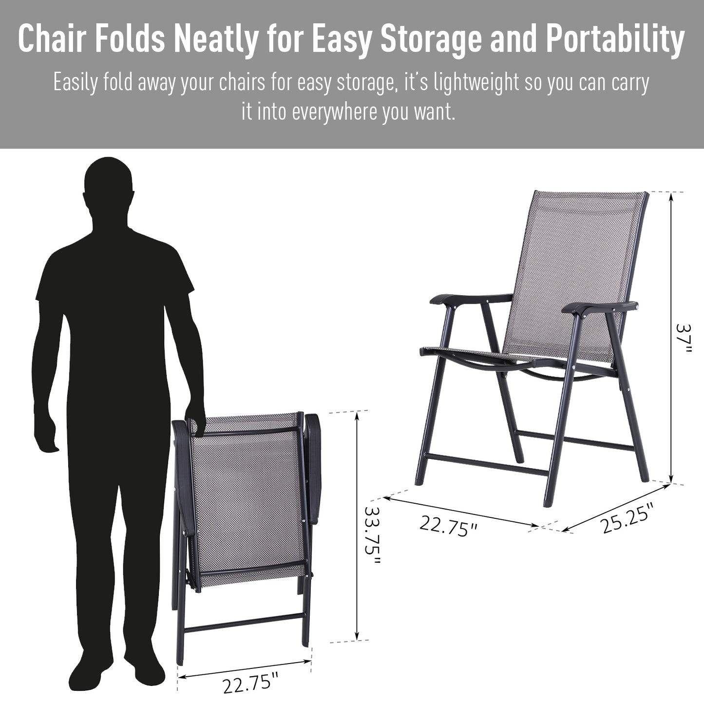 Set of 4 Outdoor Folding Chairs - Stackable Metal Frame, Gray