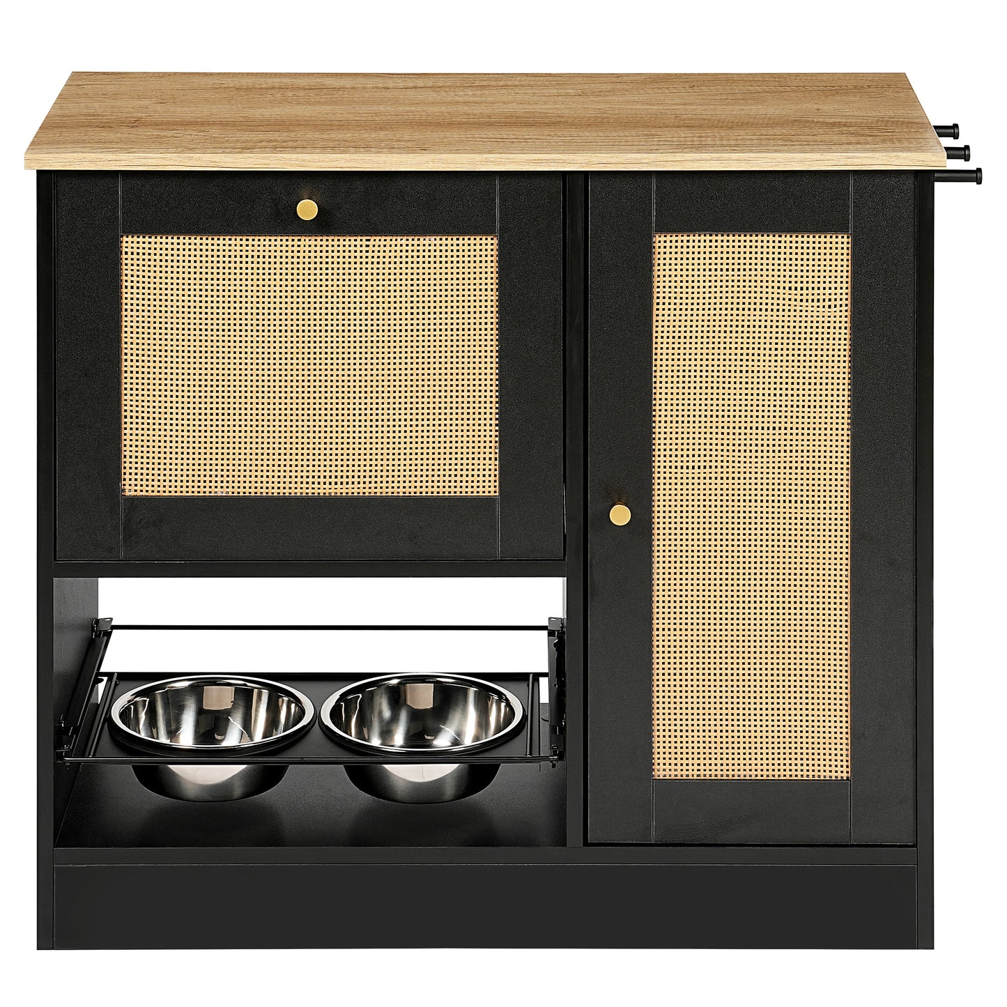 Elevated Pet Feeding Station with 2 Lockers & Side Hooks - Black+Vintage