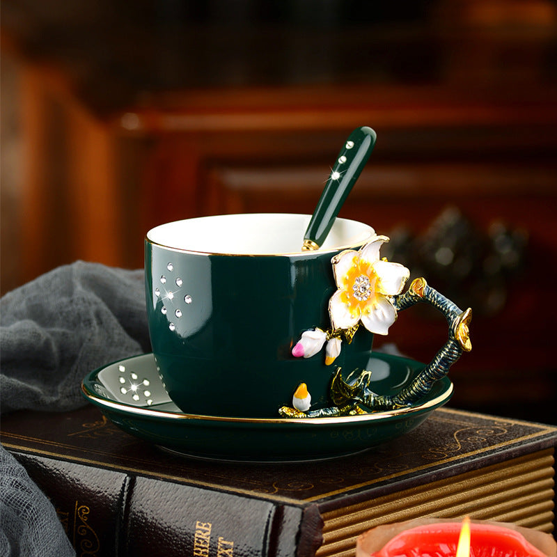 Enamel Coffee Cup and Saucer Set - Ceramic Drinkware Kitchen Decor