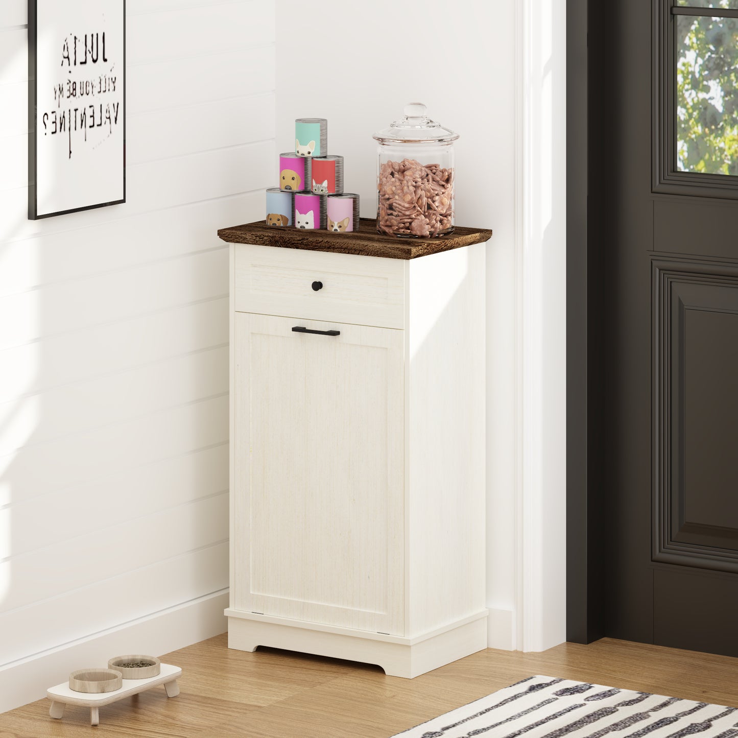 Tilt-Out Trash Cabinet - Freestanding Wood Recycling Bin with Drawer, Antique Brown & White