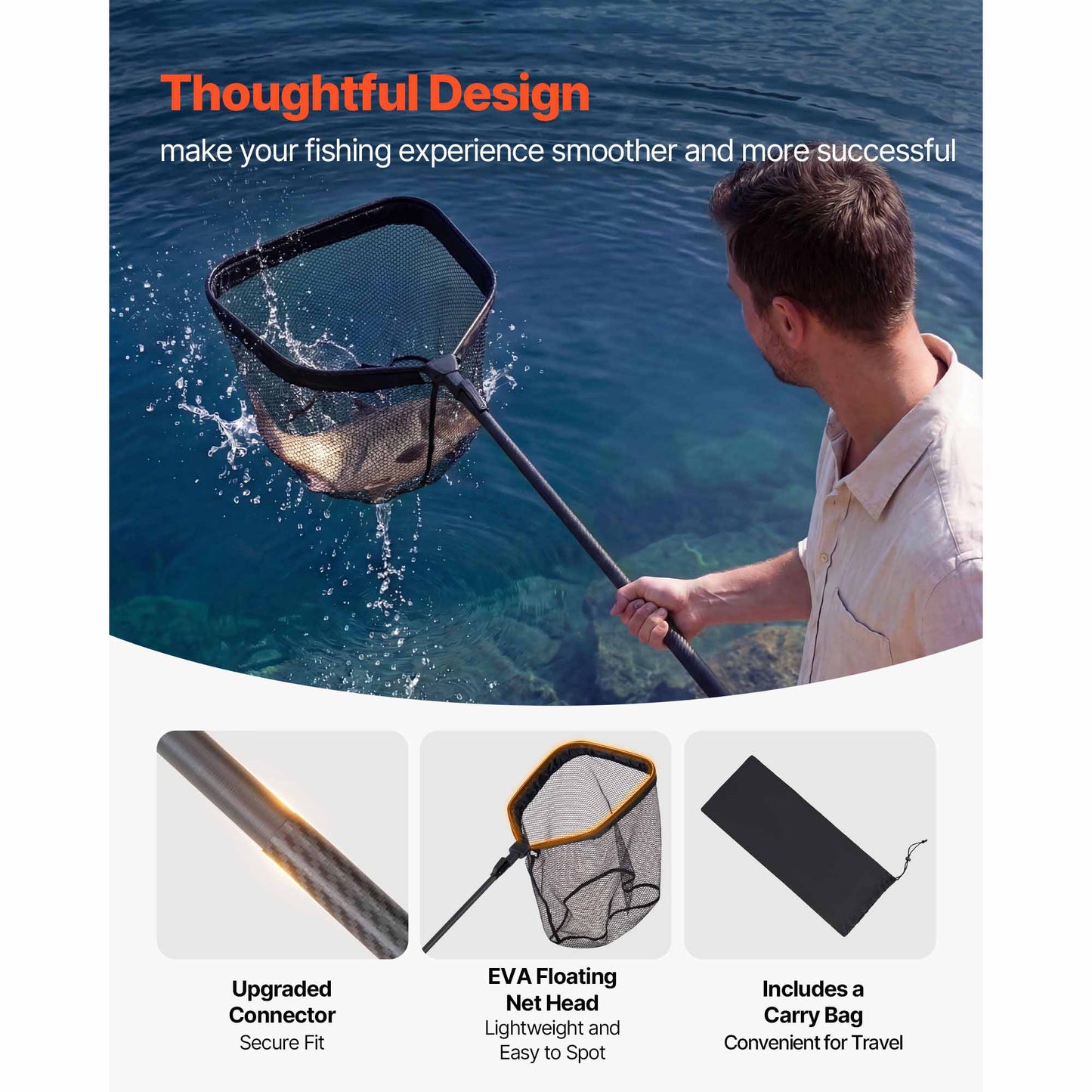 Foldable Telescopic Fishing Net - Lightweight Carbon Fiber Landing Net for Kayak Boat Pond