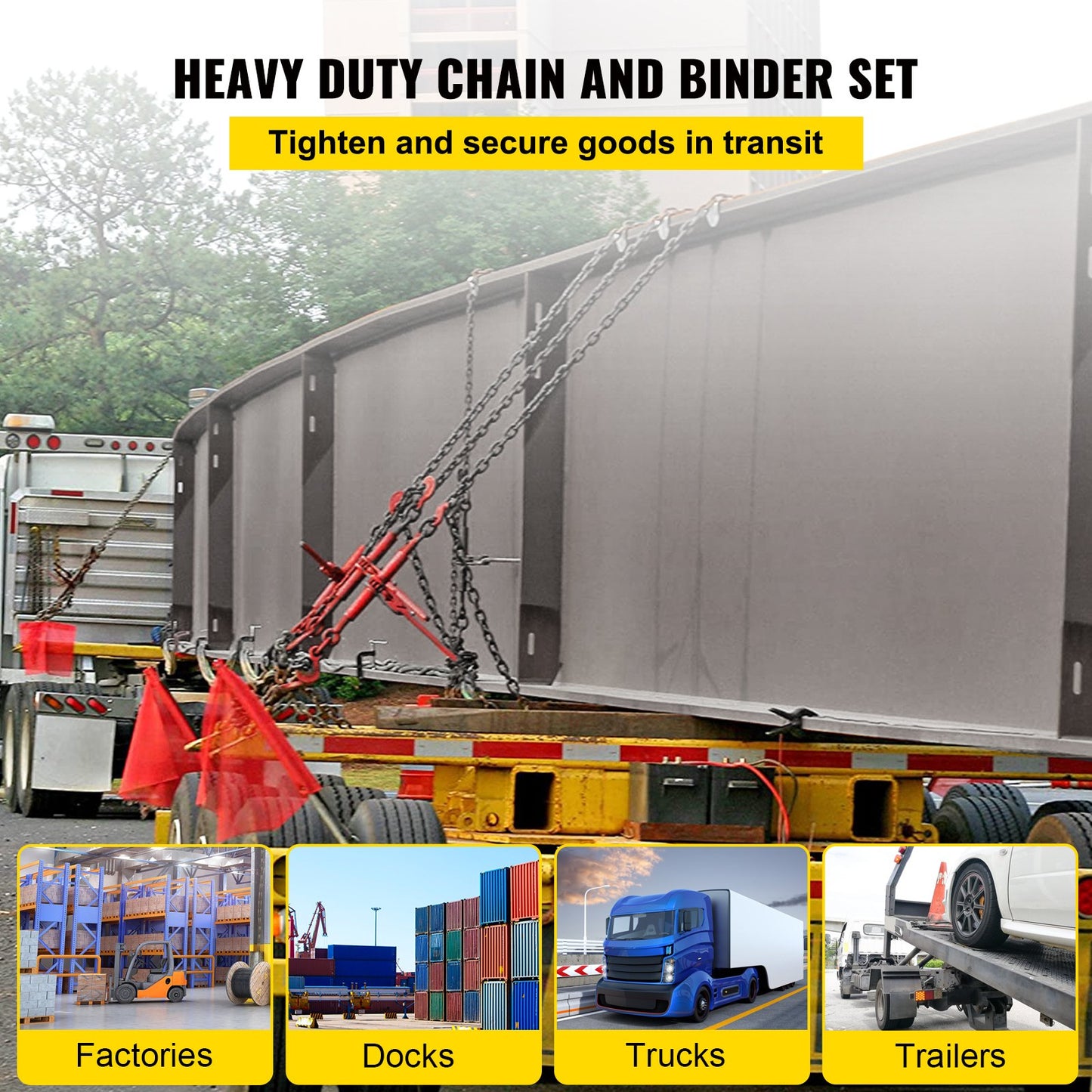 Heavy-Duty Chain Load Binder with 5/16 Inch G80 Chains and Hooks - Transport Load Kit