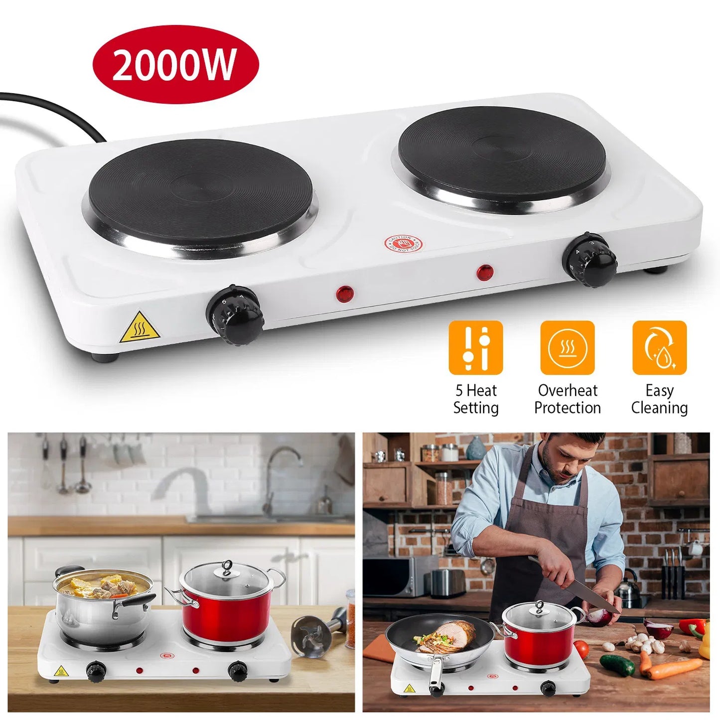 2000W Double Electric Burner - Portable Countertop Hot Plate
