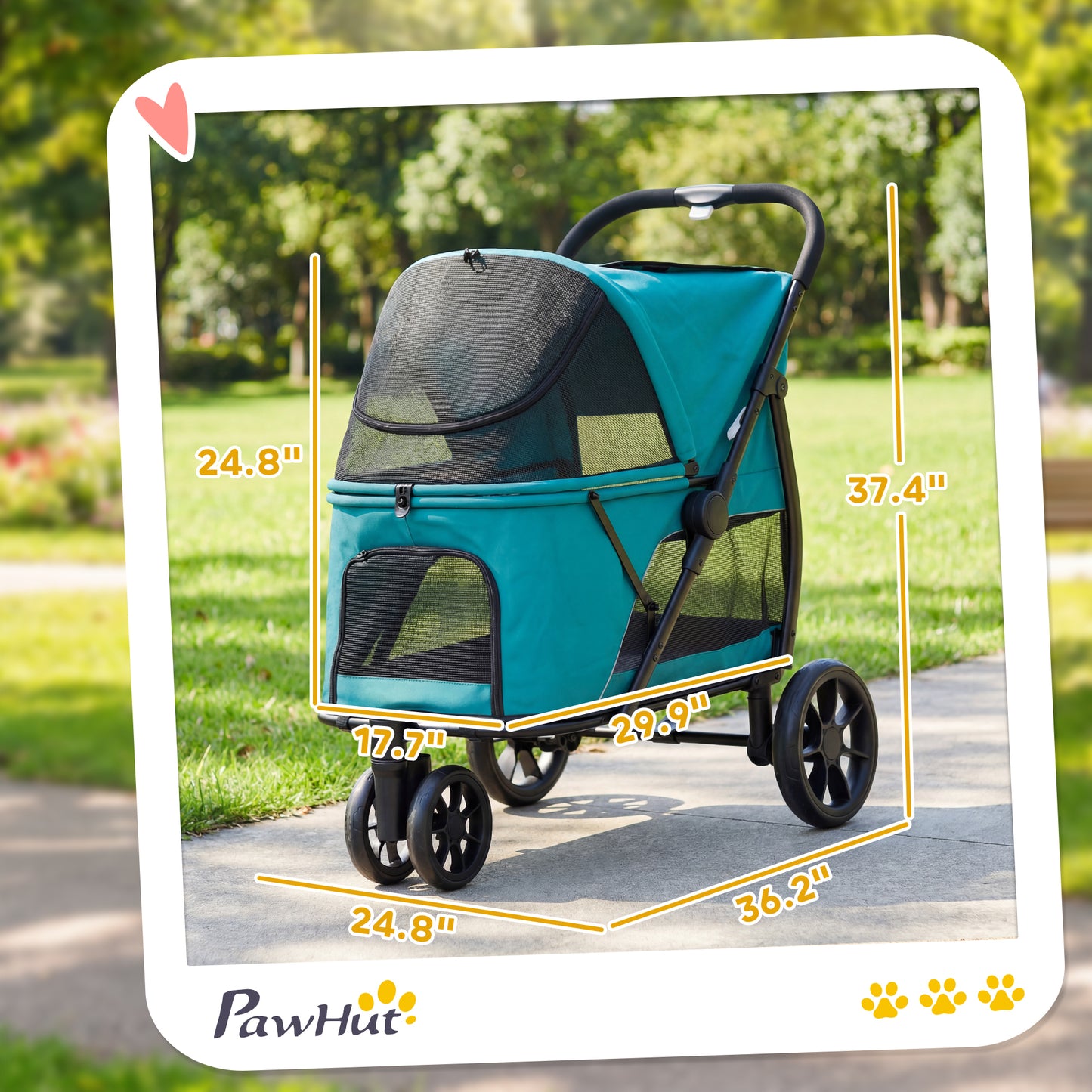 3 Wheel Pet Stroller for Medium Dogs with Quick Fold Mesh Window & Washable Cushion - Dark Green