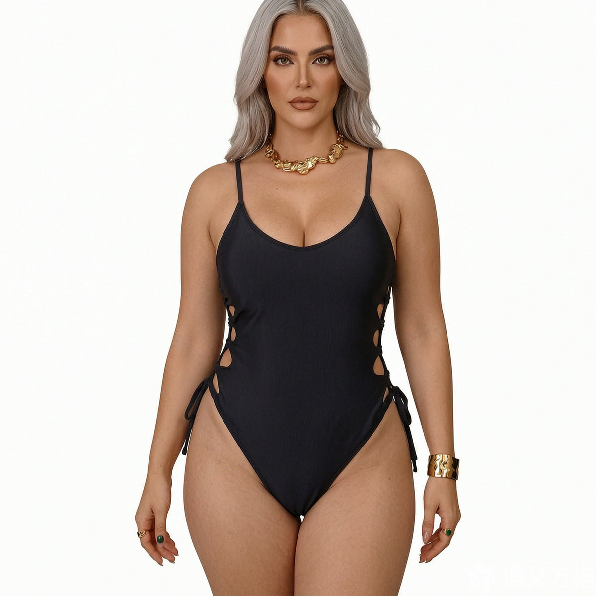 Women's Lace Up One Piece Swimsuit with Side Cutouts - Black