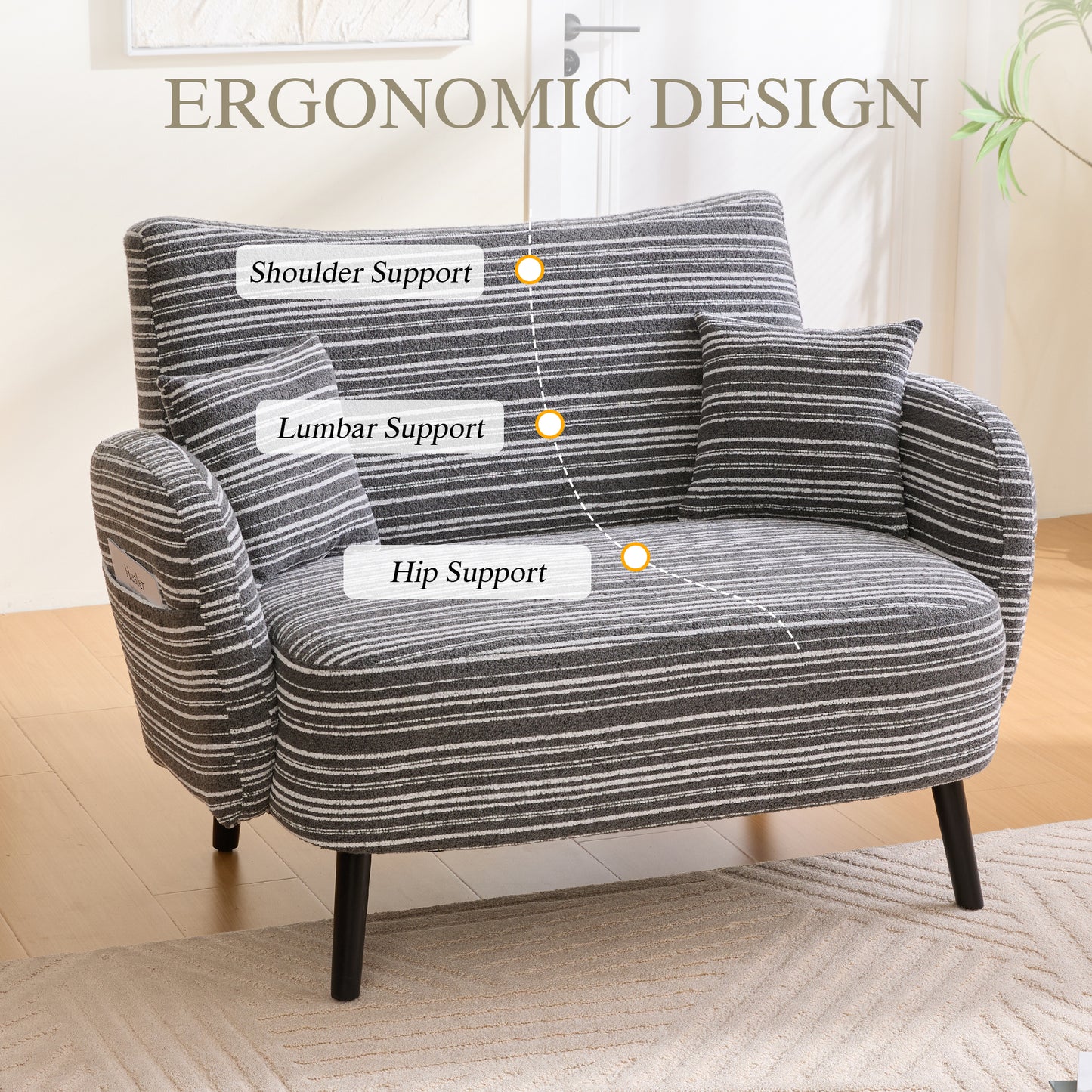 Comfortable Modern Two-Seater Sofa with Storage Pockets - Dark Gray