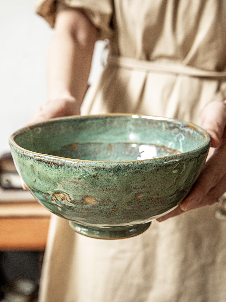 Ceramic Noodle & Rice Bowl Set - Green Glaze Kiln, 5.5 & 6.5 Inch