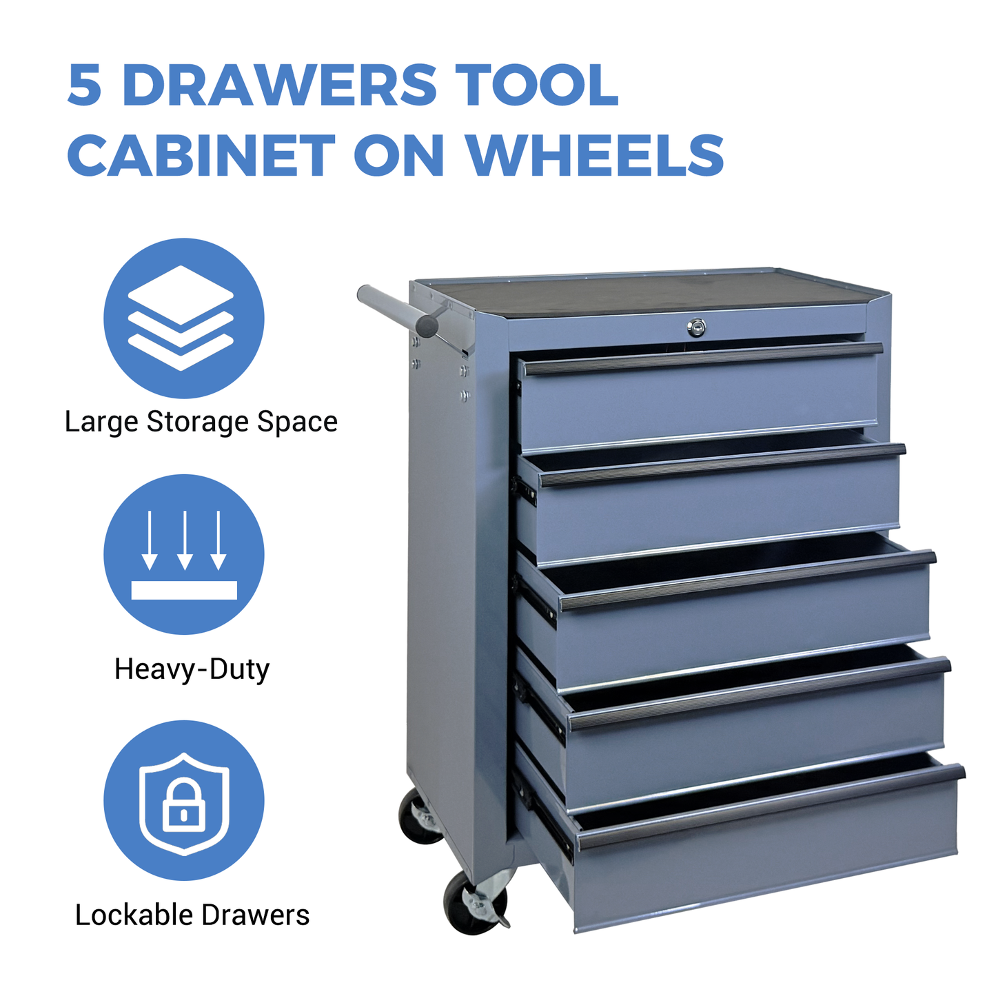 20-Inch Rolling Metal Tool Chest with 5 Drawers - Grey