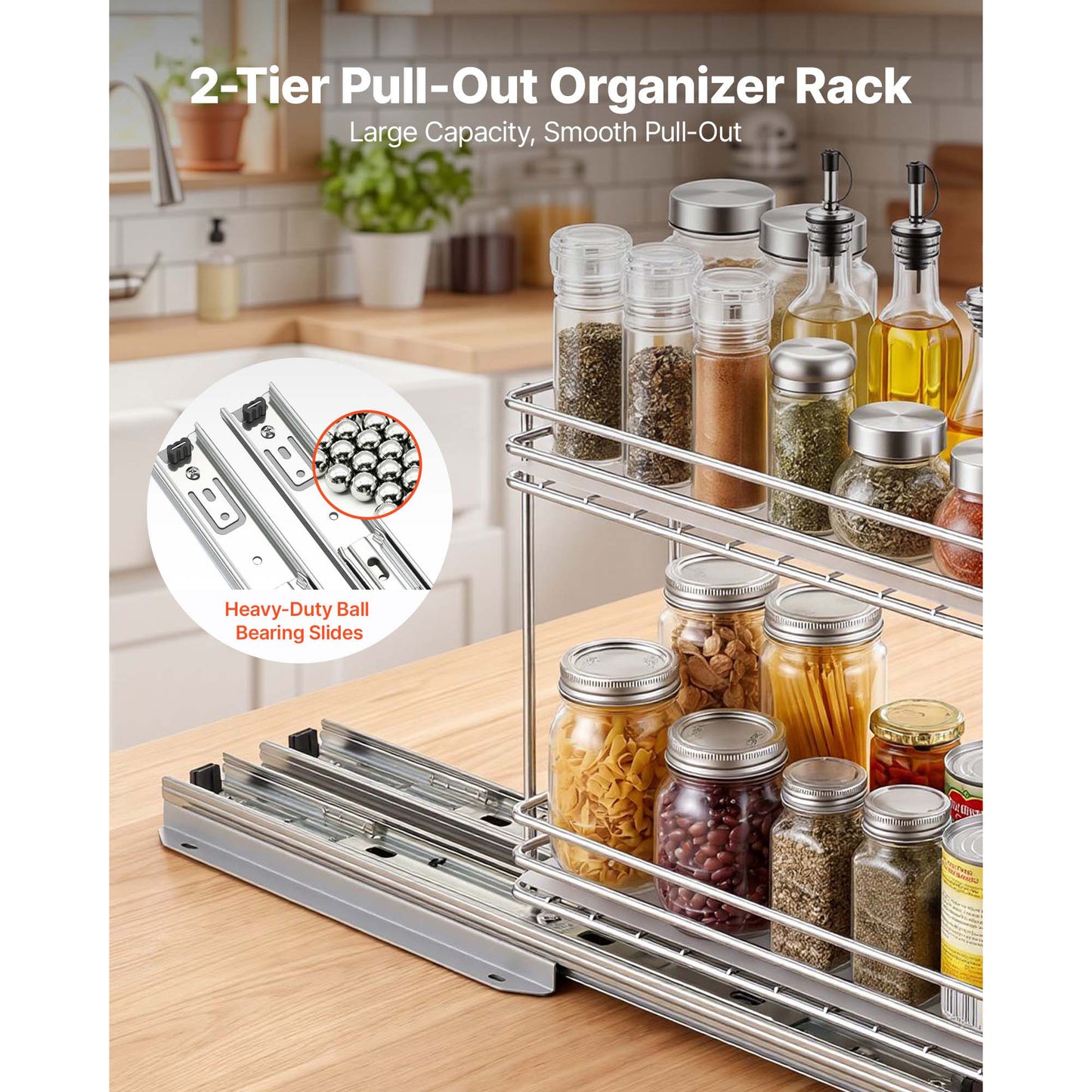 Pull Out Spice Rack Organizer for Cabinets - 2-Tier Metal Pantry Shelf, Silver
