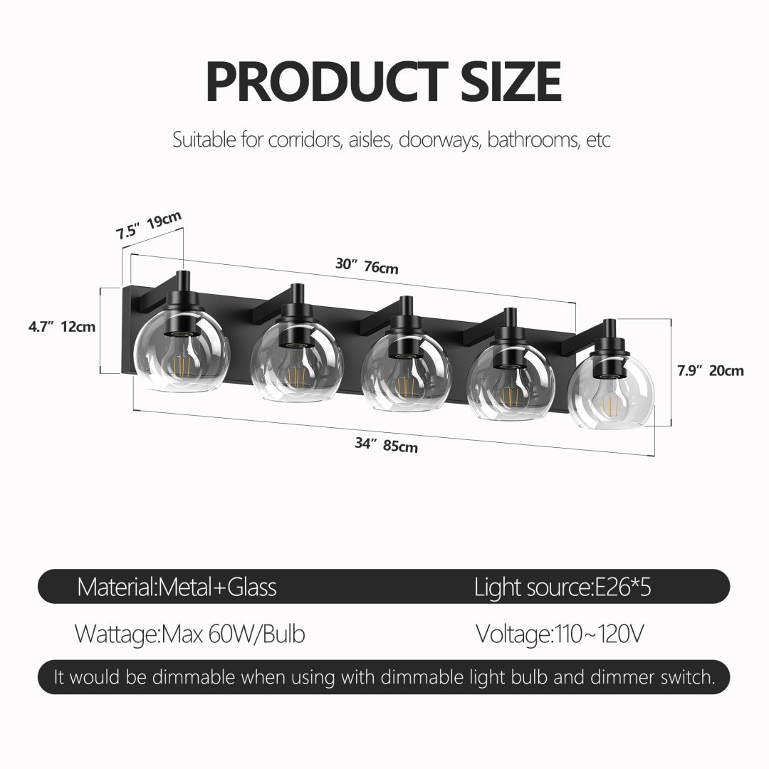 Modern 5-Light Bathroom Vanity Light Fixture with Clear Globe Shades