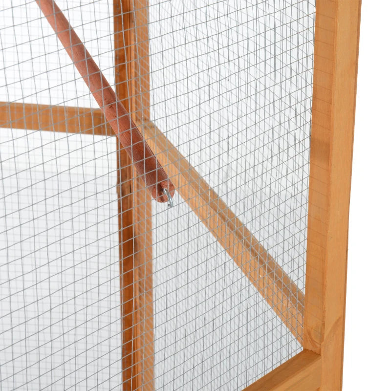 Wooden Hexagonal Outdoor Bird Cage with Covered Roof - Natural Brown