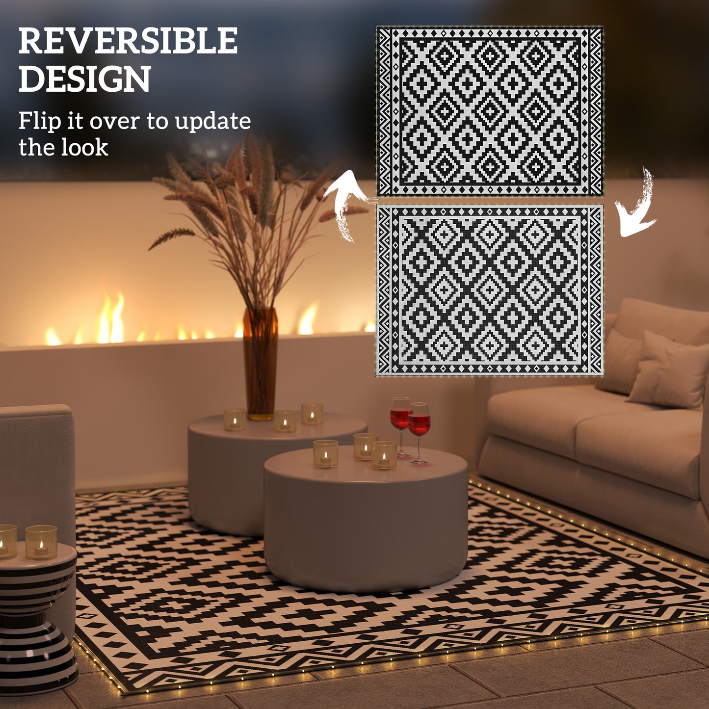 Reversible Outdoor Rug with LED Lights - Black & White 12x9