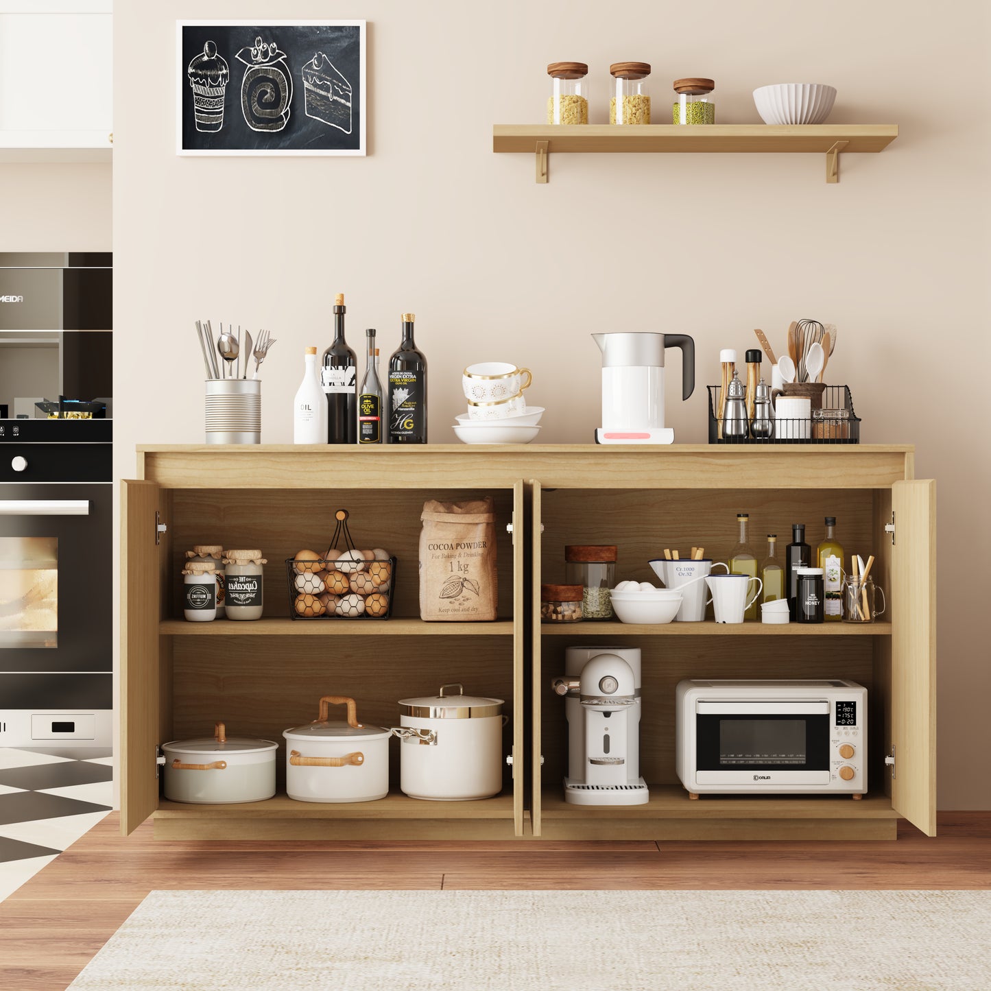 Natural 4-Door Sideboard Buffet Cabinet with Power Outlet