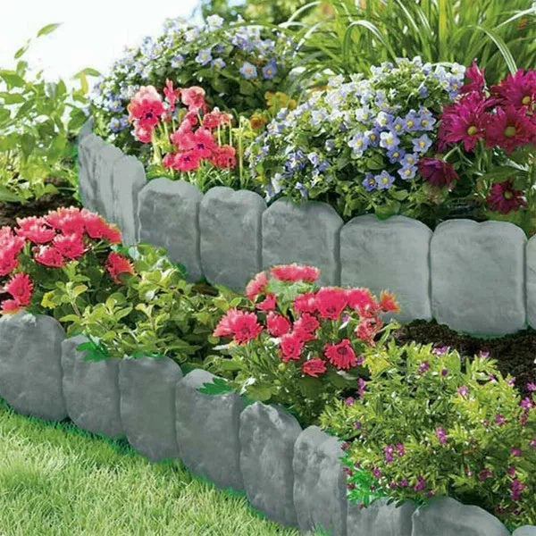 Pebble Effect Plastic Lawn Edge Border Set - Garden Bed Border Fence, 20 Pieces Grey