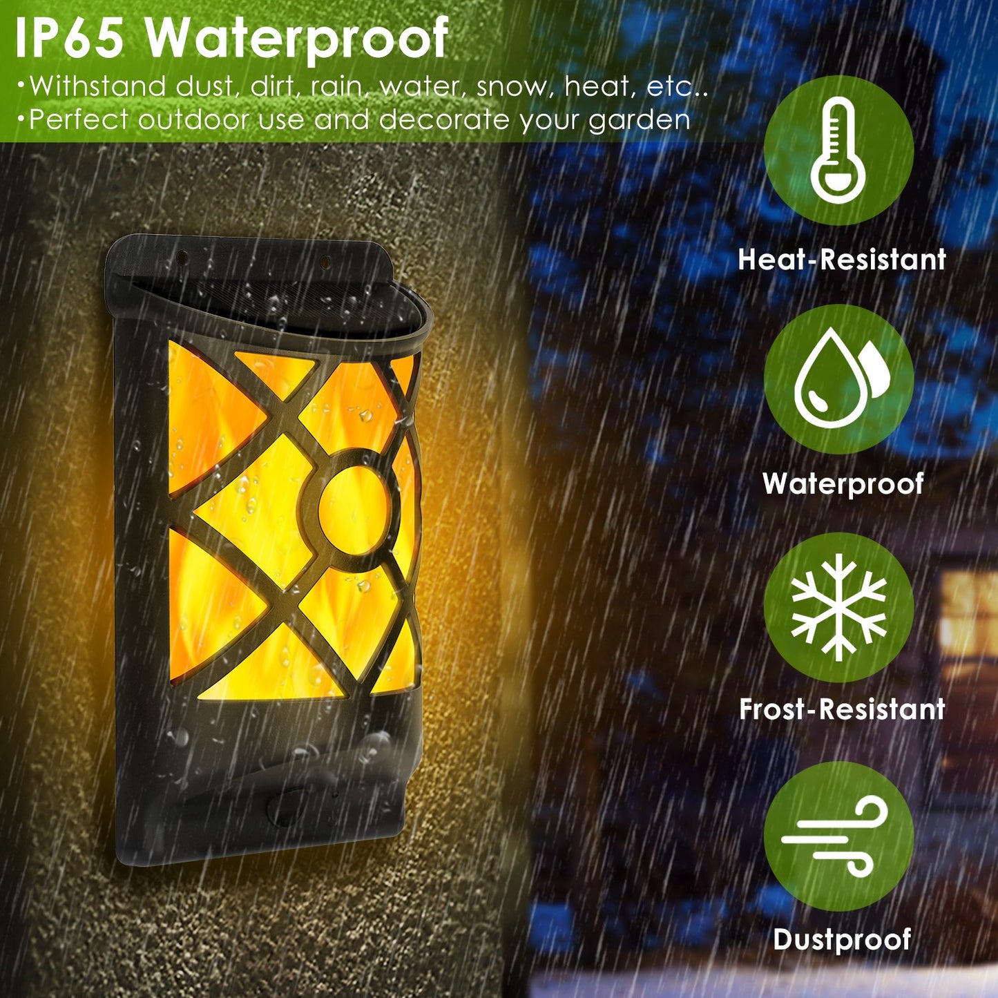 Outdoor Solar Flame Lights 96 LEDs Waterproof Wall Mount Lamp for Garden Patio Yard Black