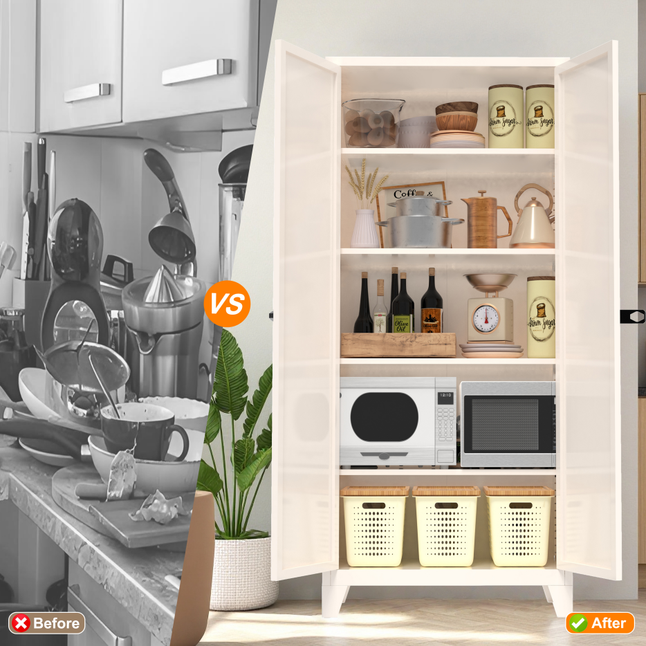 71'' Metal Storage Cabinet with Lock & Adjustable Shelves - Beige