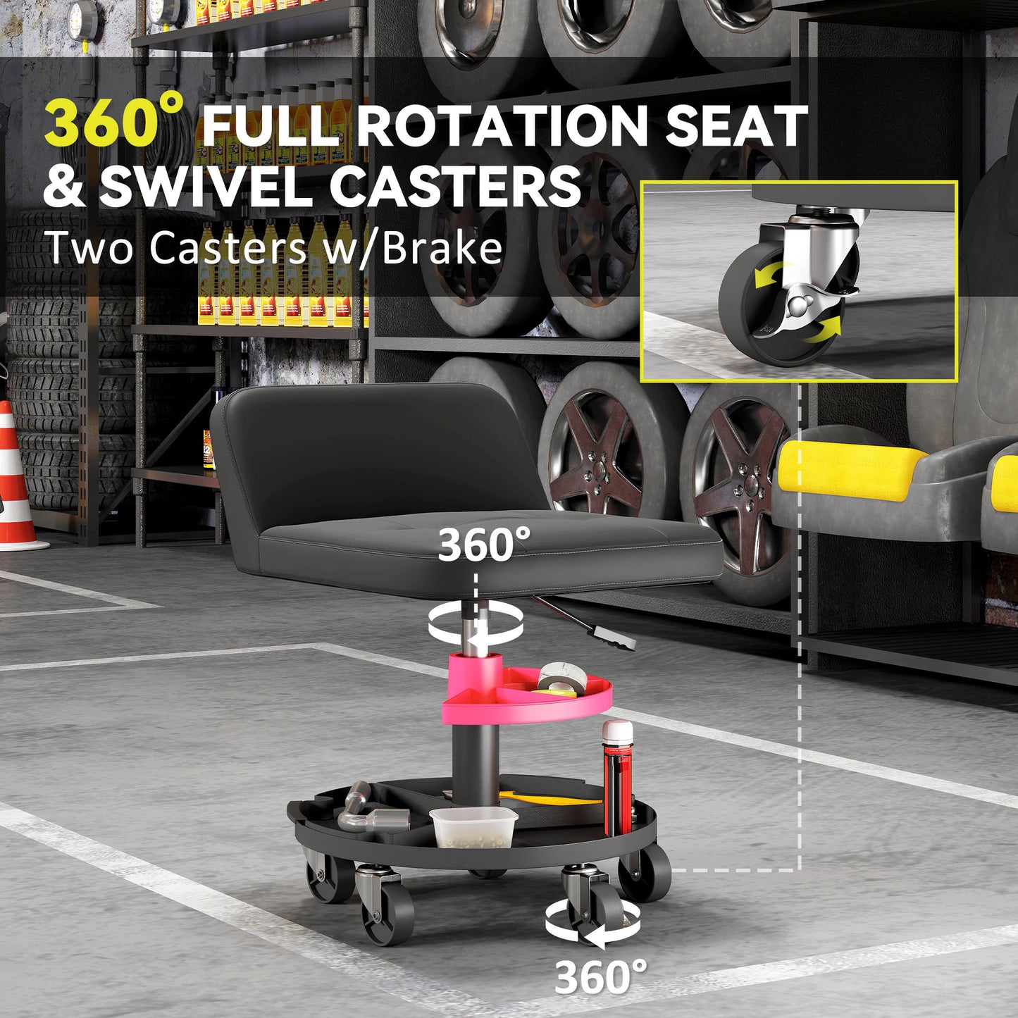 Garage Rolling Stool with Tool Tray - Adjustable Height, 300 LBS Capacity, Black