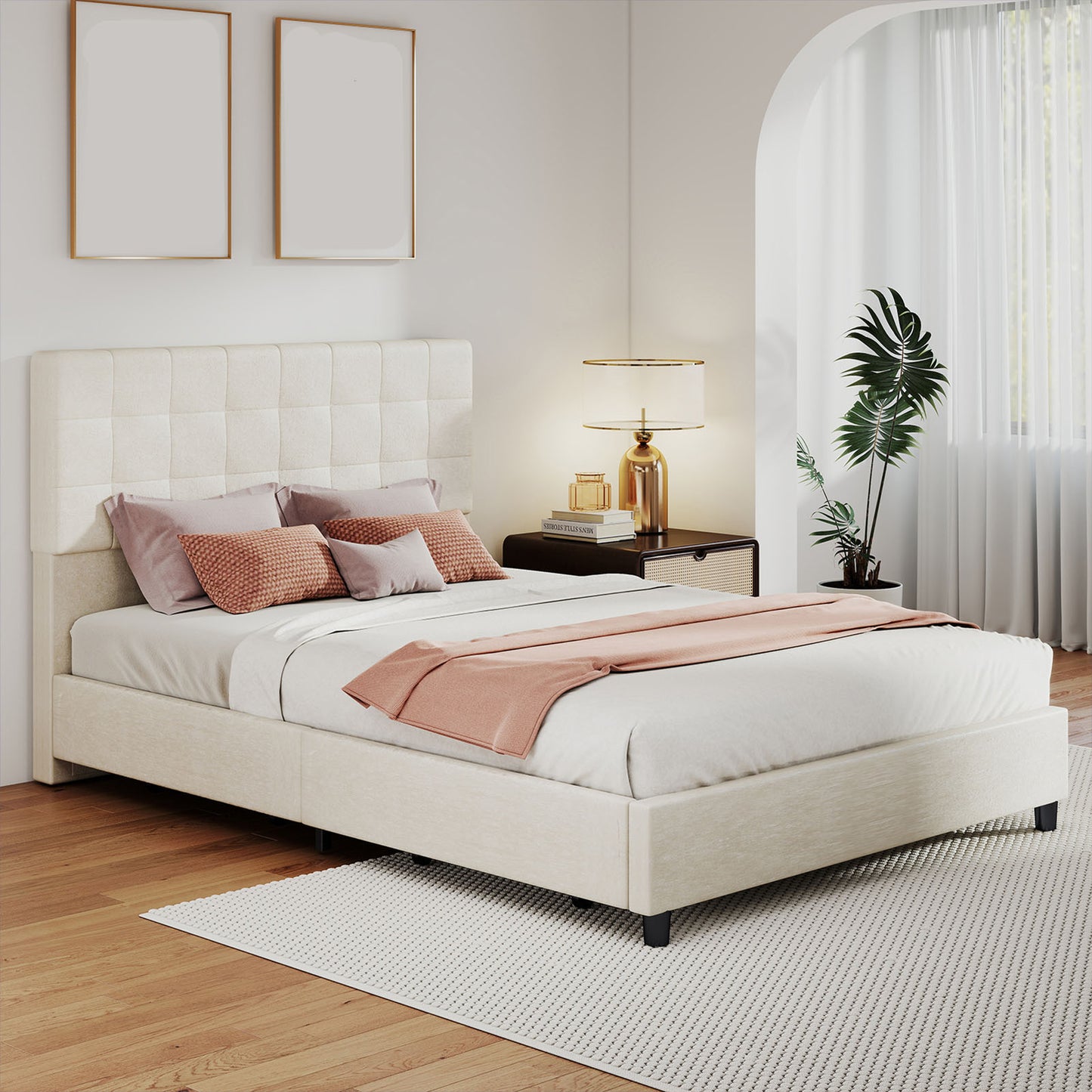 Bed Frame Upholstered Vertical Channel Headboard With 4 Storage