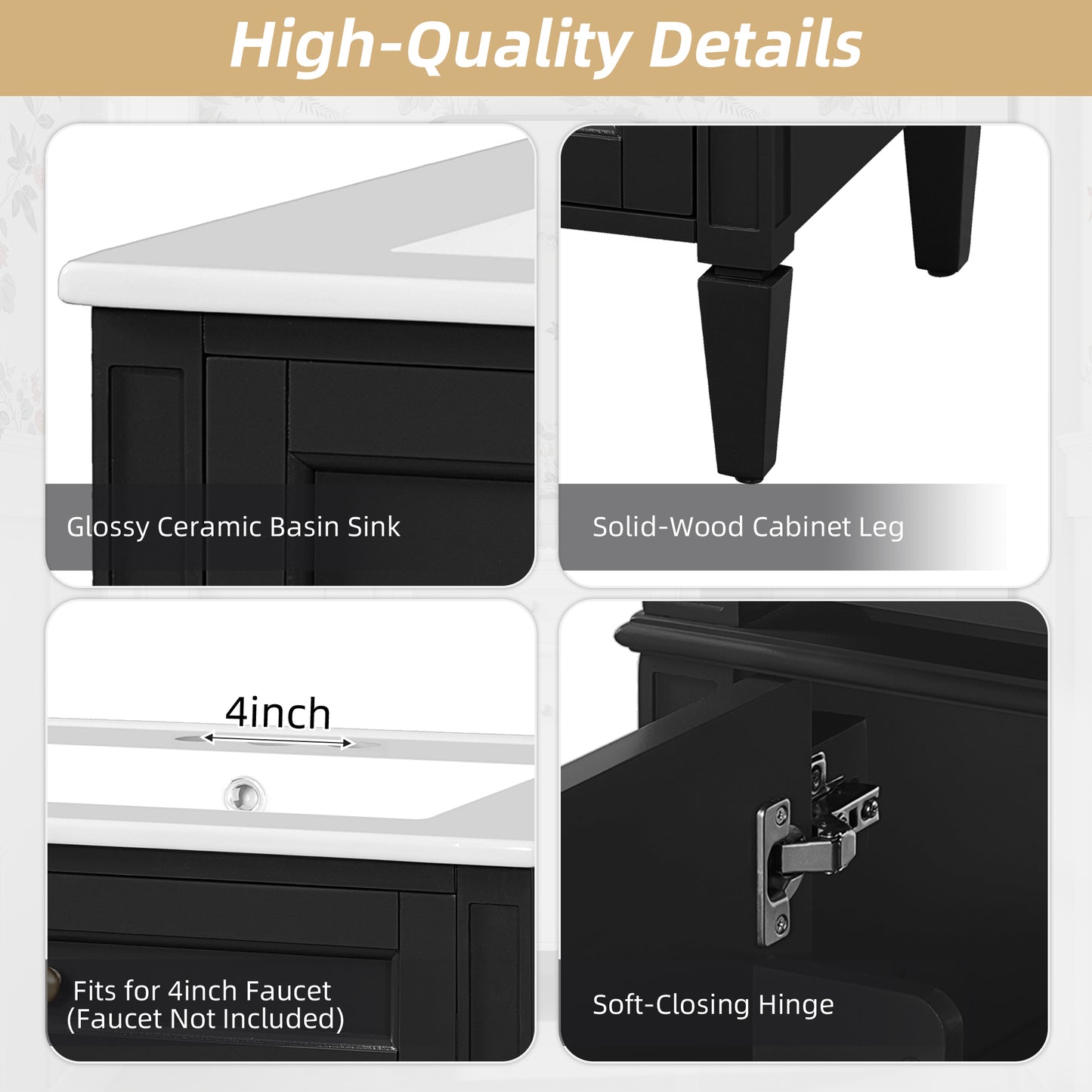 24" Black Bathroom Vanity with Soft-Close Doors & Storage