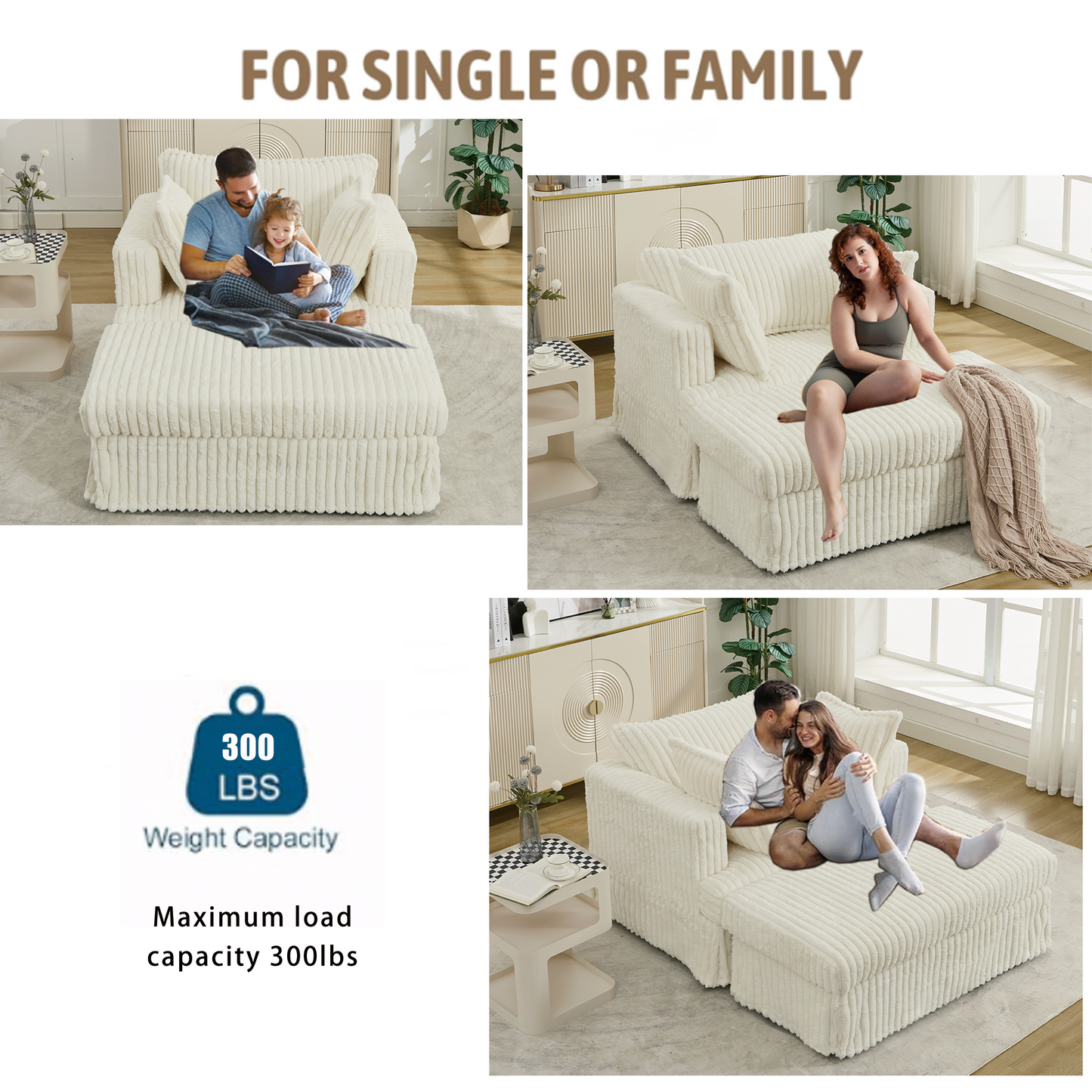 Oversized Corduroy Chaise Longue with Ottoman - Beige
