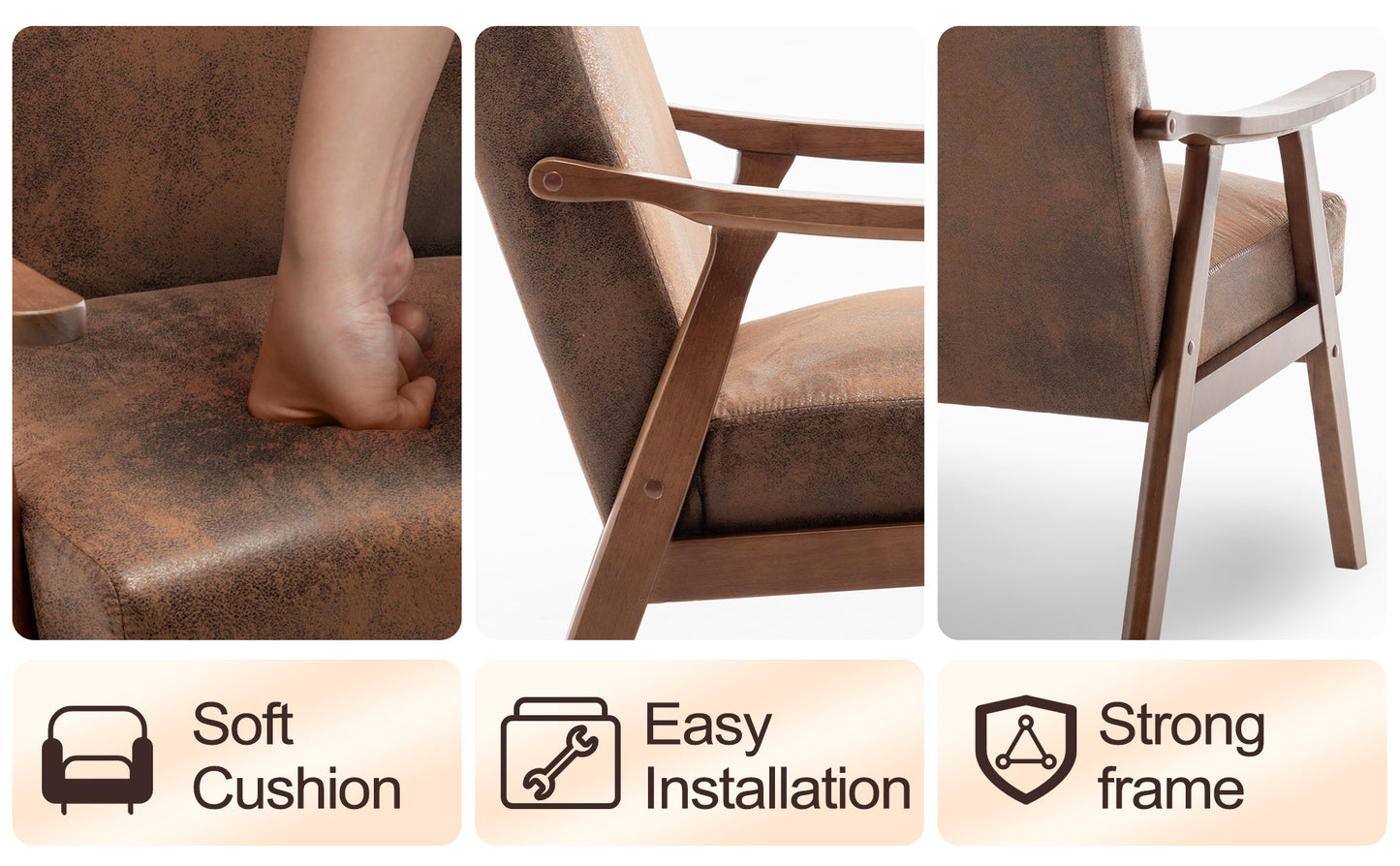 Mid-Century Modern Accent Chair with Solid Wood Frame - Brown