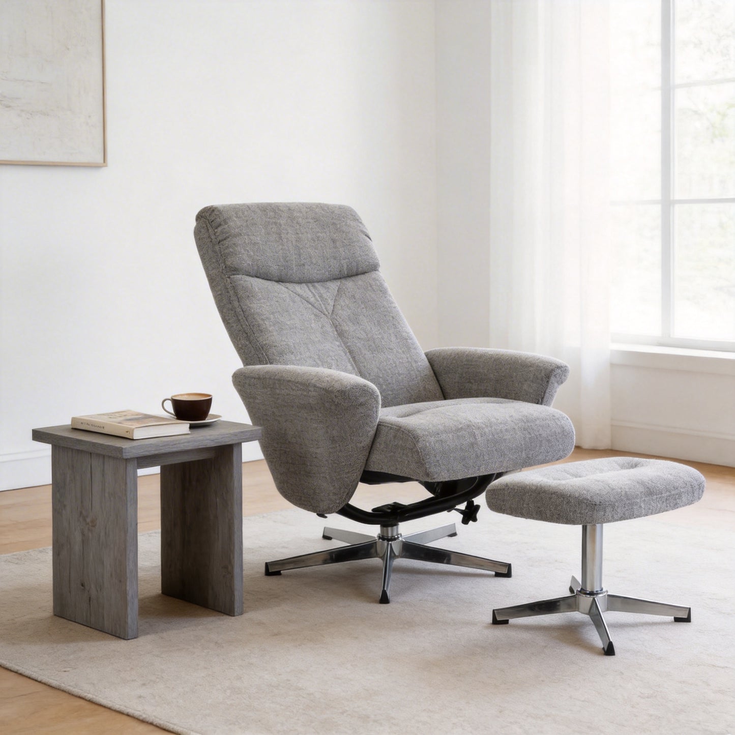 Light Grey Chenille Swivel Recliner Chair with Ottoman - Ergonomic