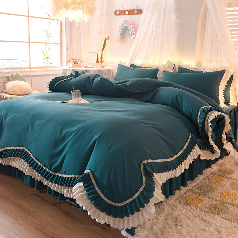 Luxury Four-Piece Lotus Leaf Lace Bed Sheet Duvet Cover Set with Bed Skirt