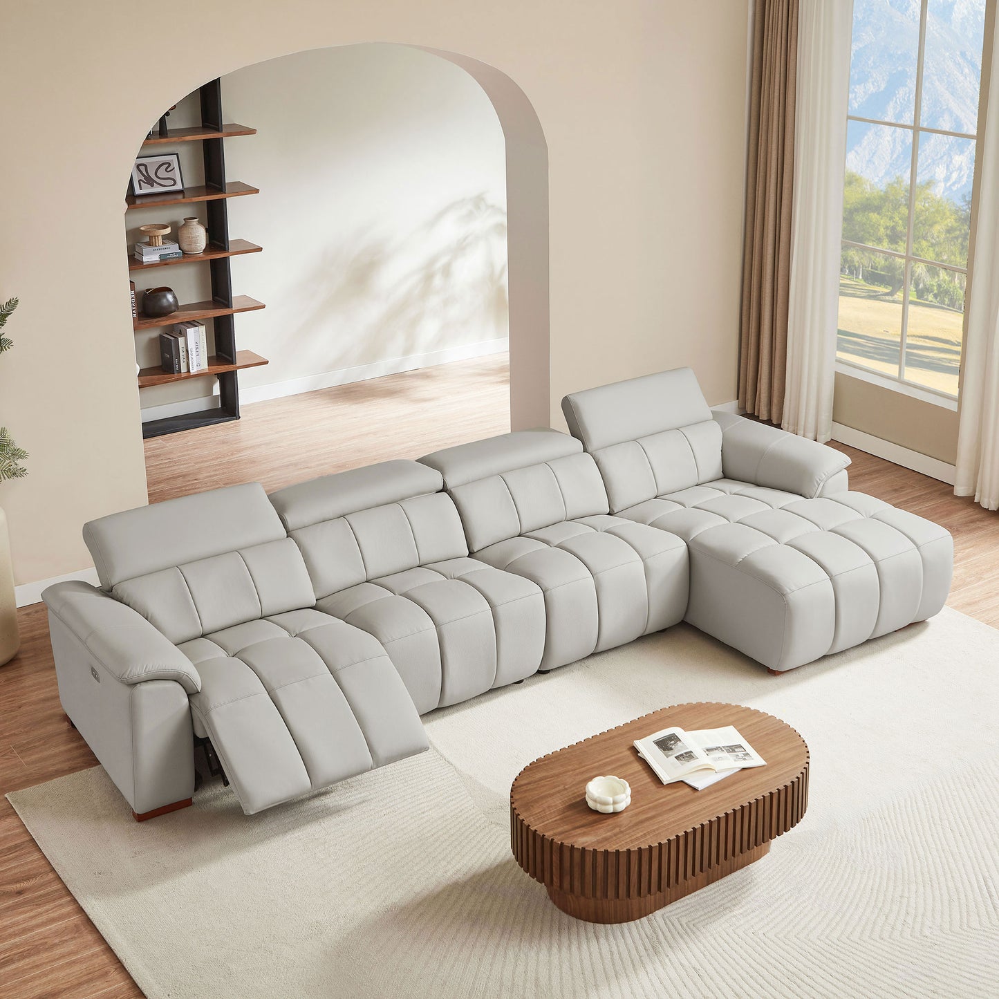 Modern 4-Seater Reclining Sofa - Light Grey Genuine Leather