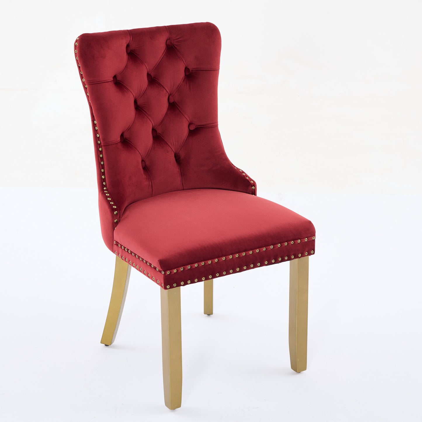 Mid-Century Modern Dining Chairs with Lion Head Pull Ring - Set of 2, Wine Red