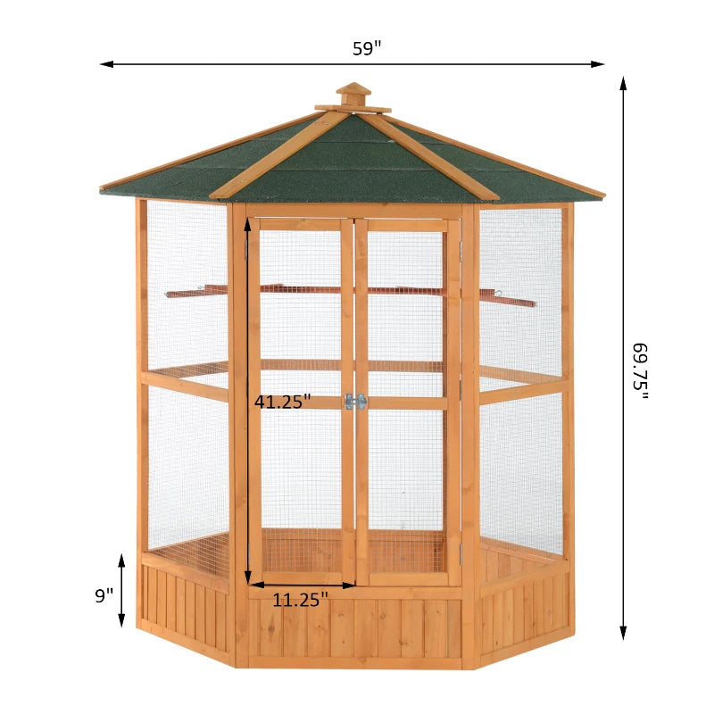 Wooden Hexagonal Outdoor Bird Cage with Covered Roof - Natural Brown