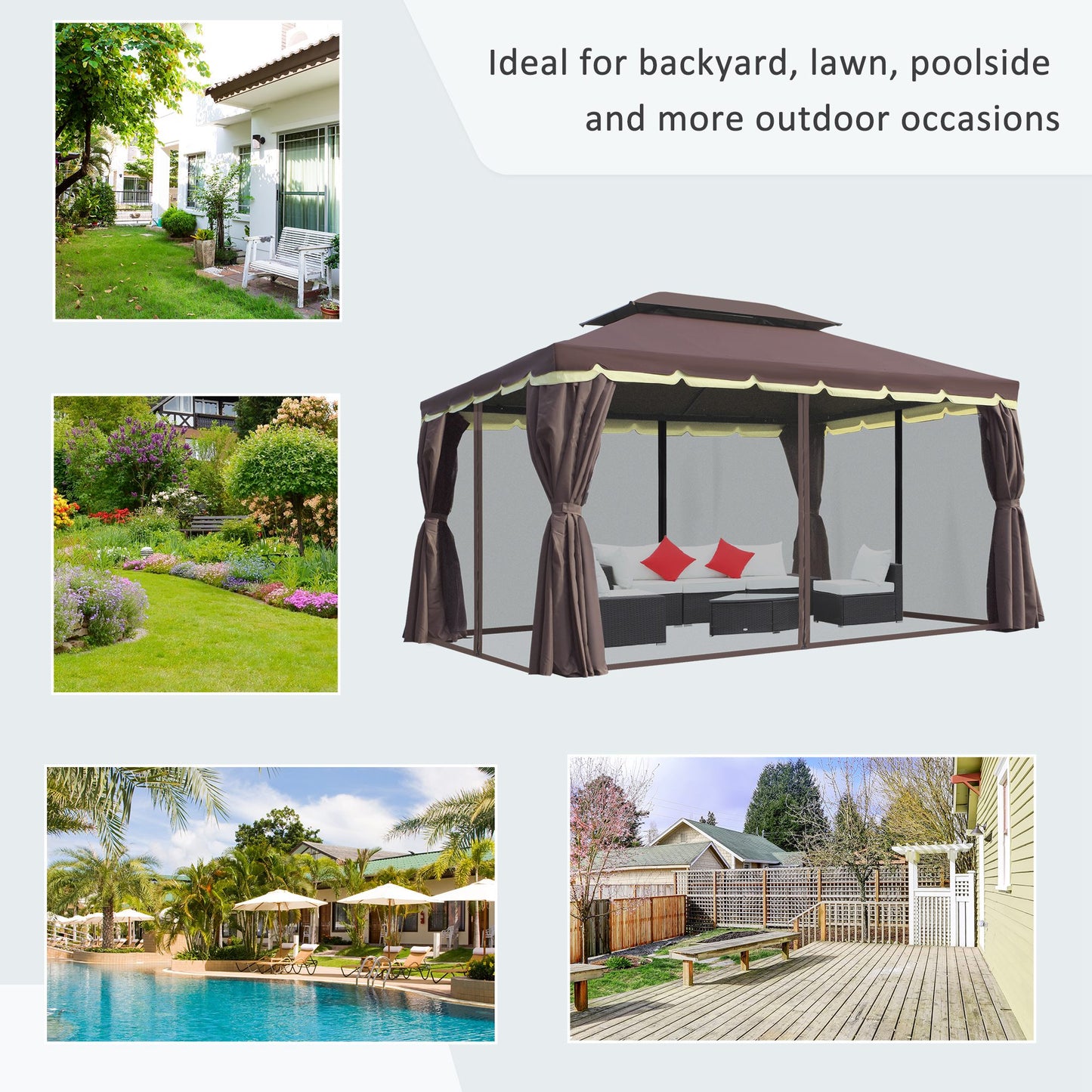 Outdoor Aluminum Frame Gazebo with Double Roof & Curtains - Coffee