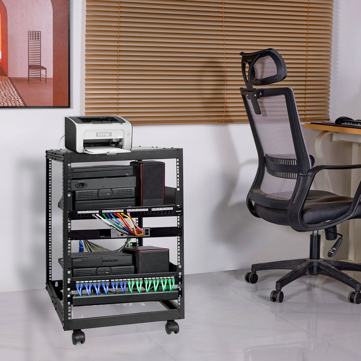 15U Open Frame Server Rack with Adjustable Depth 23-40 inches - Black