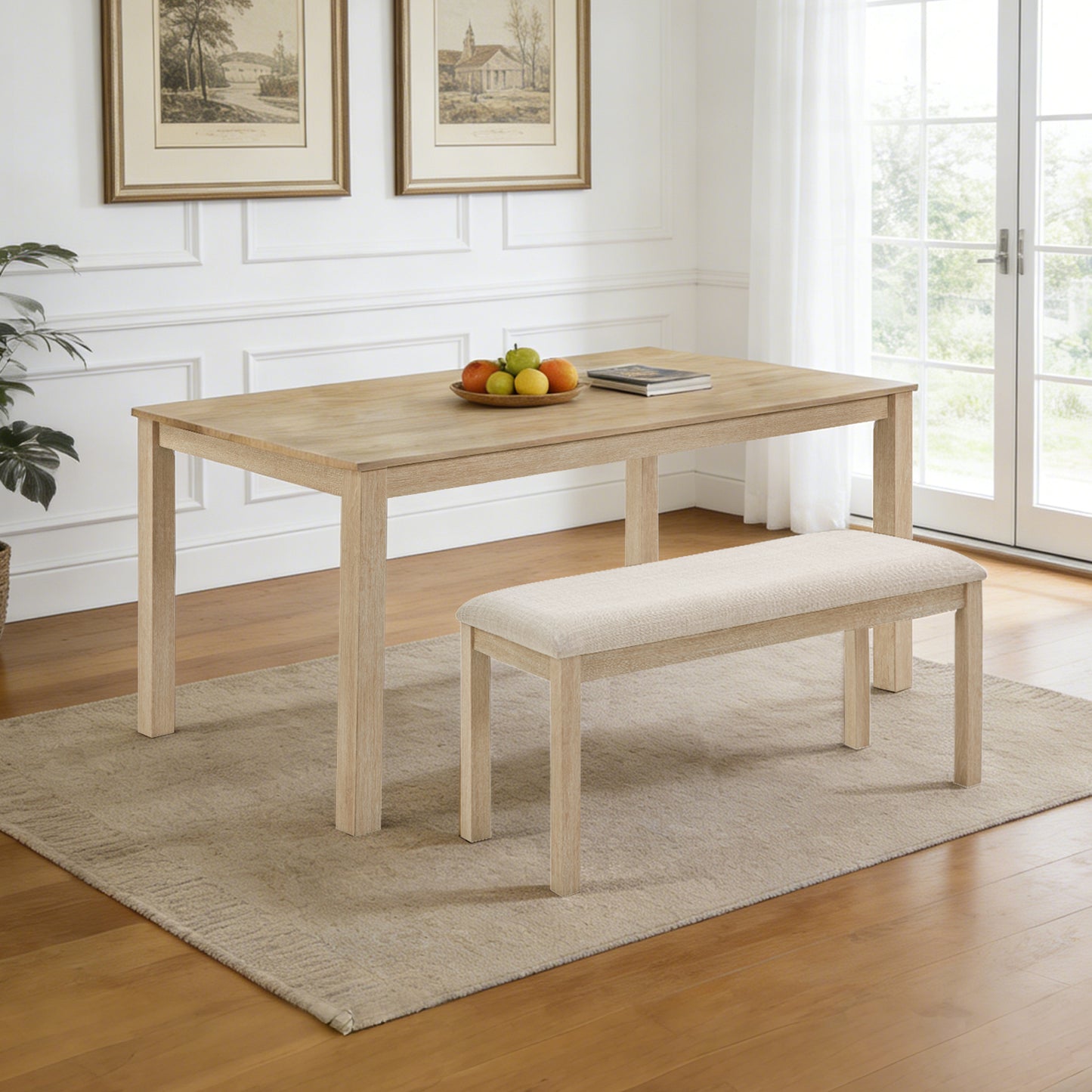 38-Inch Upholstered Dining Bench with Solid Wood Legs - Light Oak & Beige