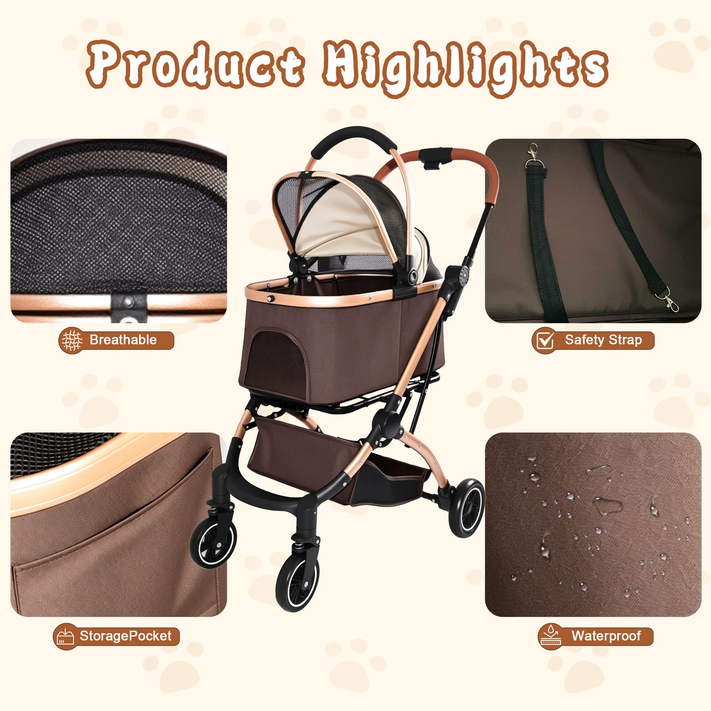 Pet Stroller for Dogs Cats 2-in-1 Foldable Sun Canopy Travel Carrier Khaki