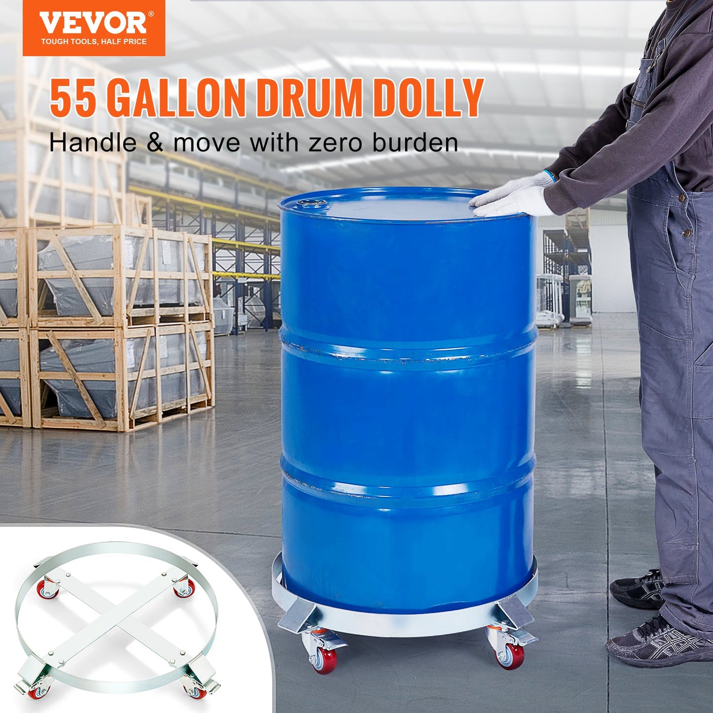 Heavy Duty 55 Gallon Drum Dolly Cart - 1000lb Capacity, Steel Frame, Silver