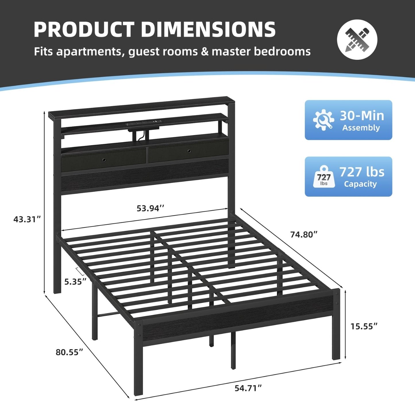 Full Bed Frame with LED Lights & Charging Station - Wood Headboard, Storage Drawers