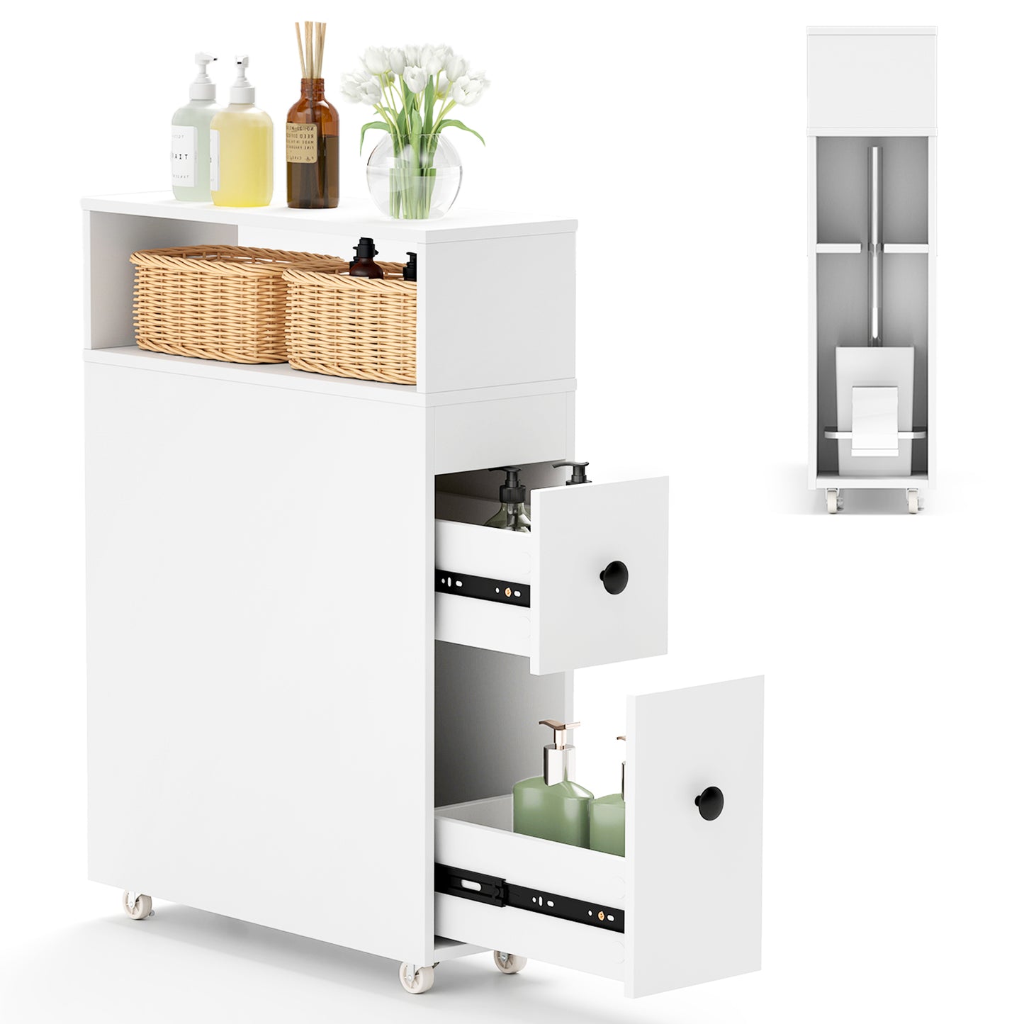 Slim Wooden Bathroom Cabinet with Deep Slide-Out Drawers
