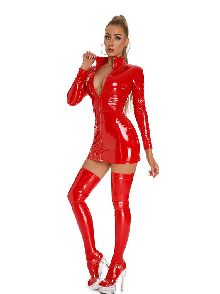 Glossy Patent Leather Zipper Short Sleeve Tights for Role Play & Costume