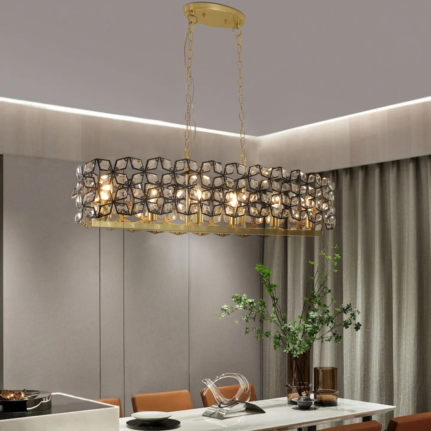 39-inch Modern Crystal and Black Gold Pendant Light Fixture for Living Room and Dining