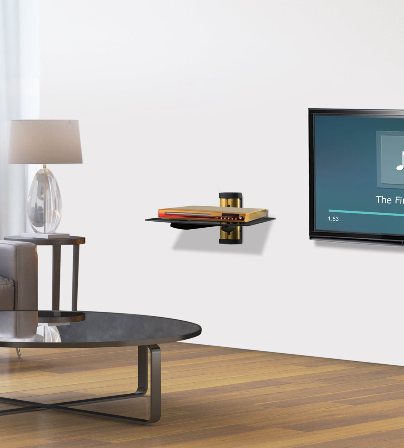 Floating Wall Shelf - Tempered Glass Storage for DVD & Cable Boxes - Gold