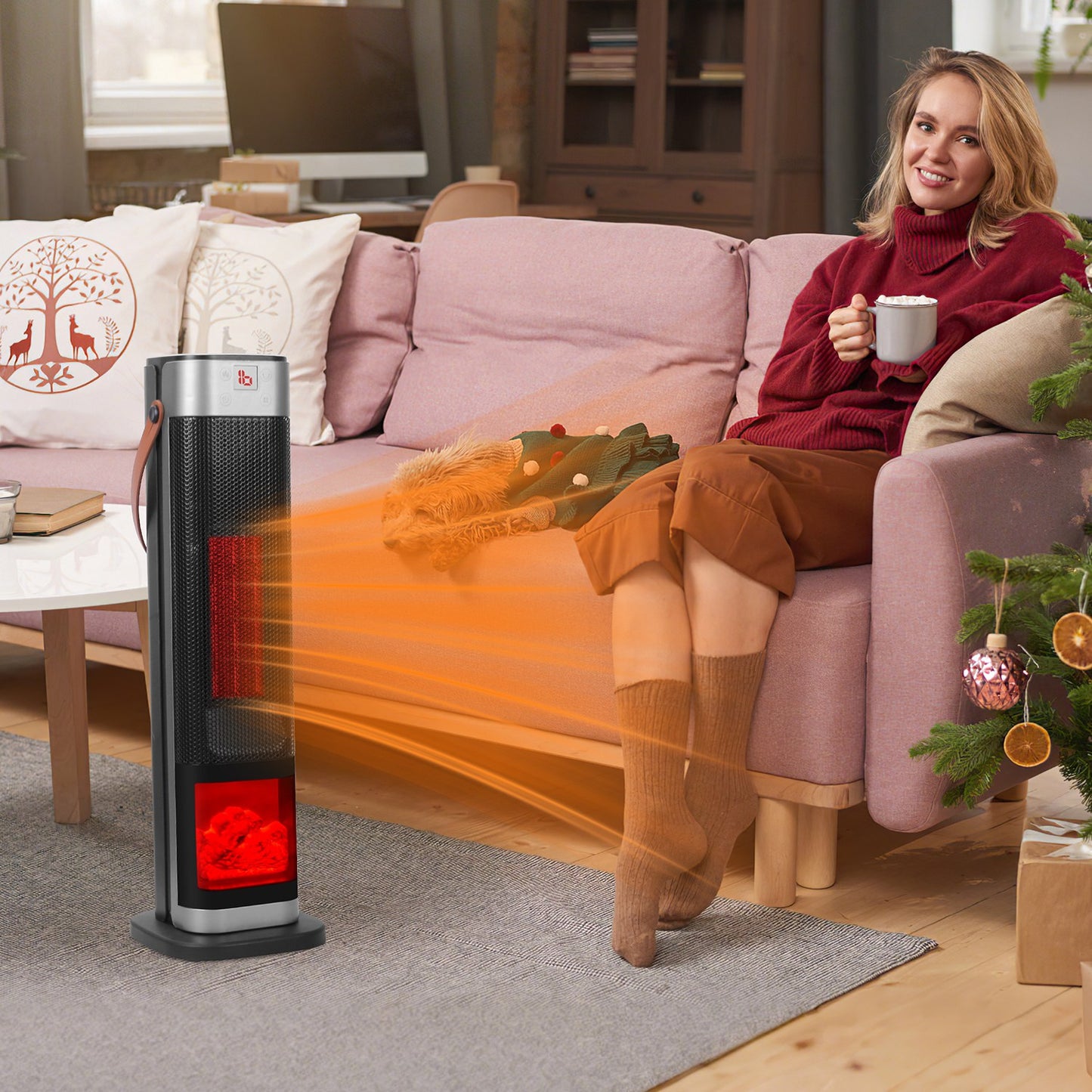 1500W Oscillating Space Heater with 3D Flame Effect, Remote, Timer, Black