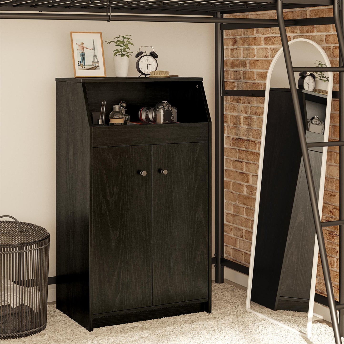 The Loft 2 Door Storage Tower - Black Fiberboard Cabinet