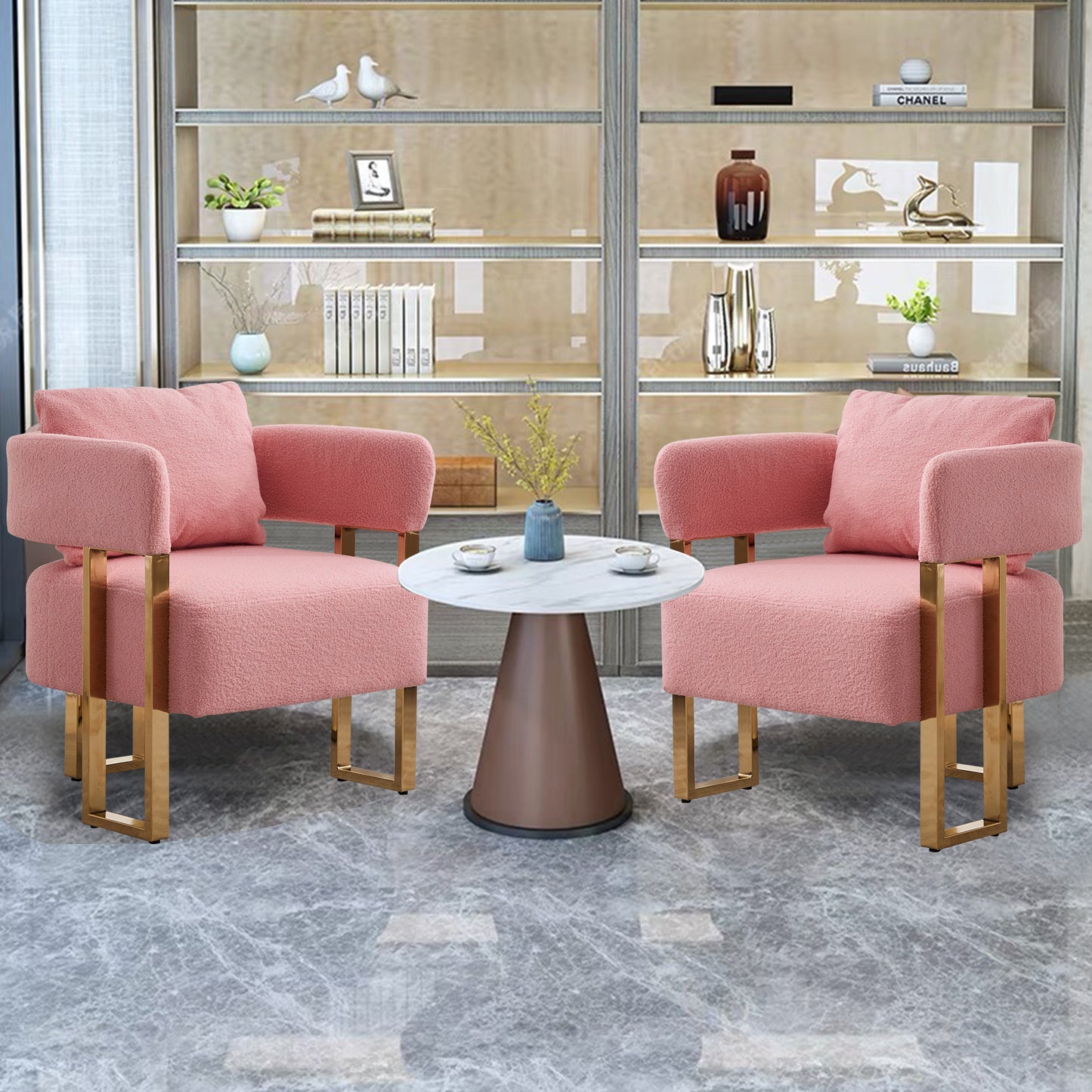 Modern Decorative Chair with Gold Metal Legs - Pink
