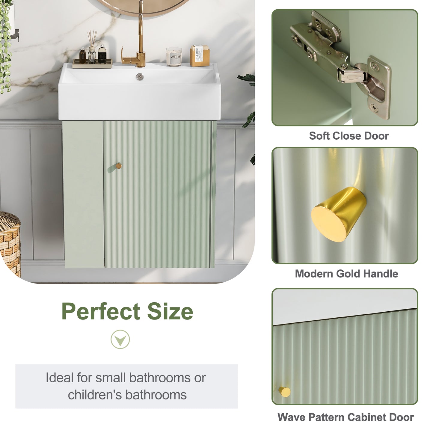 21.6 Inch Floating Bathroom Vanity with Ceramic Basin - Green