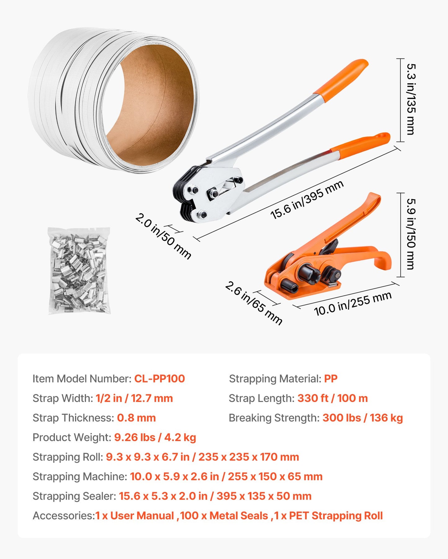 Heavy Duty Strapping Kit with Sealer and Metal Seals - 330 Ft Black PP Strapping for Warehouse Shipping