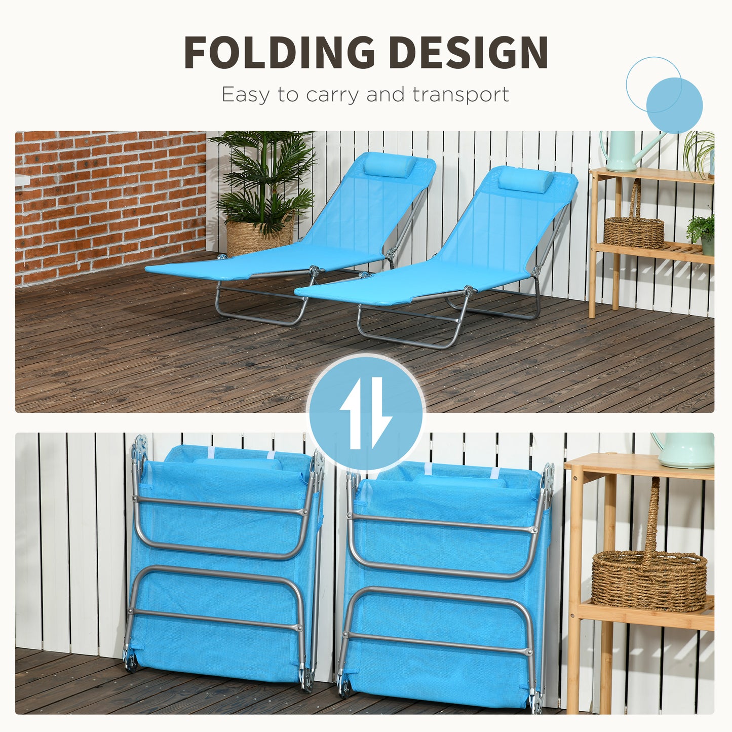 2-Piece Folding Lounge Chairs Set - Blue Mesh with Reclining Back